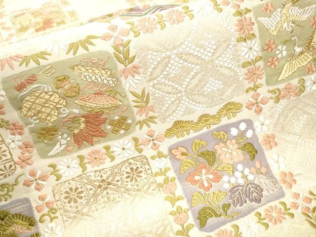 袋帯 唐織 市松模様に可愛い花模様 六通 正絹 着物 RO-2391 平和屋着物○六通柄袋帯 唐織 市松吉祥花文 金糸 正絹 逸品