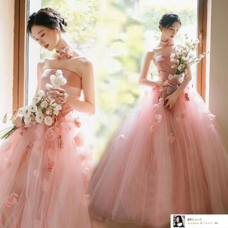 ピンクのビーズ装飾ストラップレスドレス カラードレス 9号〜13号