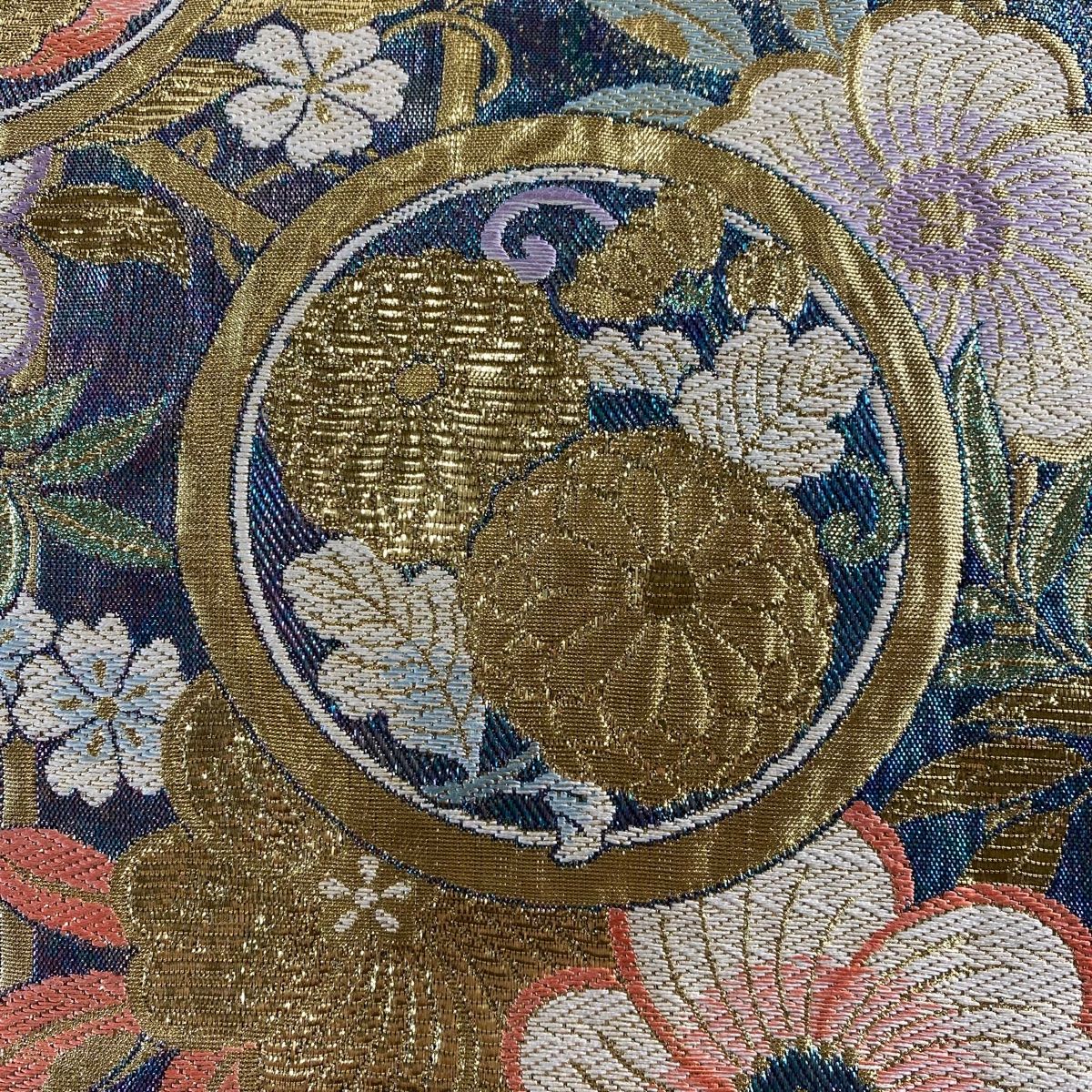 袋帯 菊柄 正絹 六通柄 美品 袋帯 美品 秀品 扇面 菊 唐織 箔 金色 六通 正絹 中古