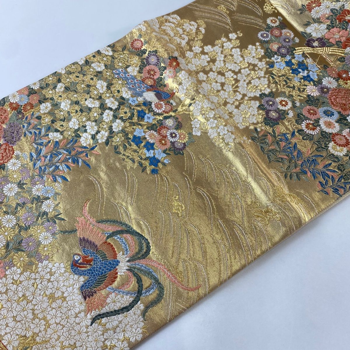 袋帯 美品 秀品 草花 尾長鳥 箔 金糸 金色 六通 正絹 【中古