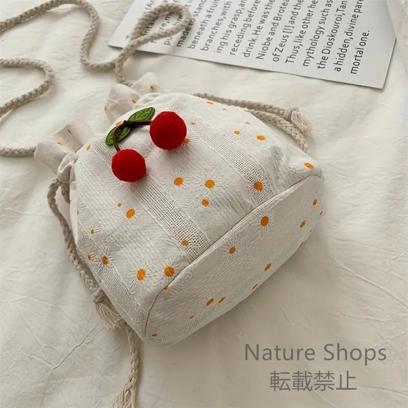 【新品】チェリーデザイン キャンバス巾着バッグ女の子用の新しい森の編みバケツかわいいチェリーバッグオールマッチショルダークロスボディバッグgtt92