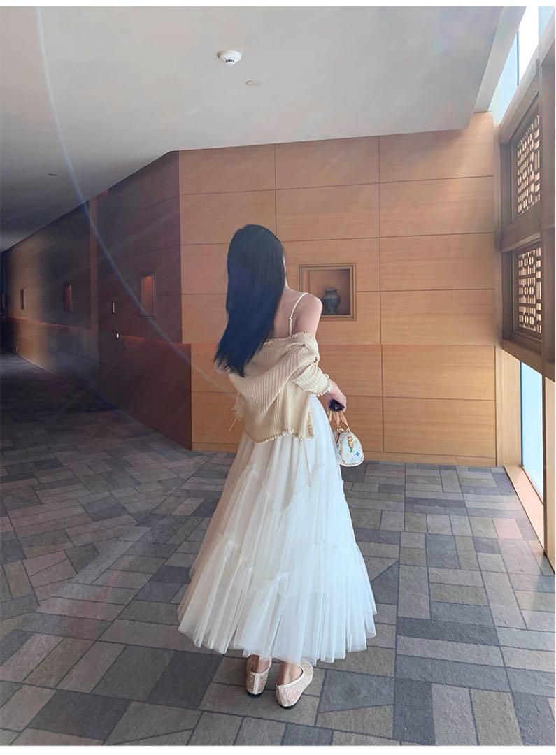 韓国風ハイウエストロングワンピースレースキャミソールメッシュチュールドレス