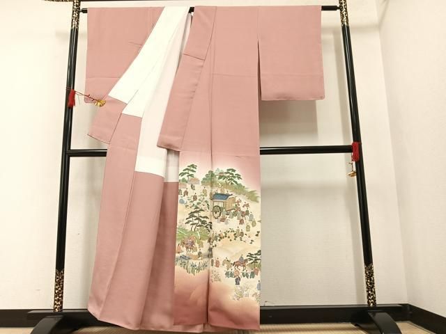 色留袖　寿光織　平安人物文　金糸　一つ紋　正絹　逸品　身丈156.5cm　裄65 色留袖 寿光織 平安人物文 金糸 一つ紋 正絹 逸品 身丈156 5cm