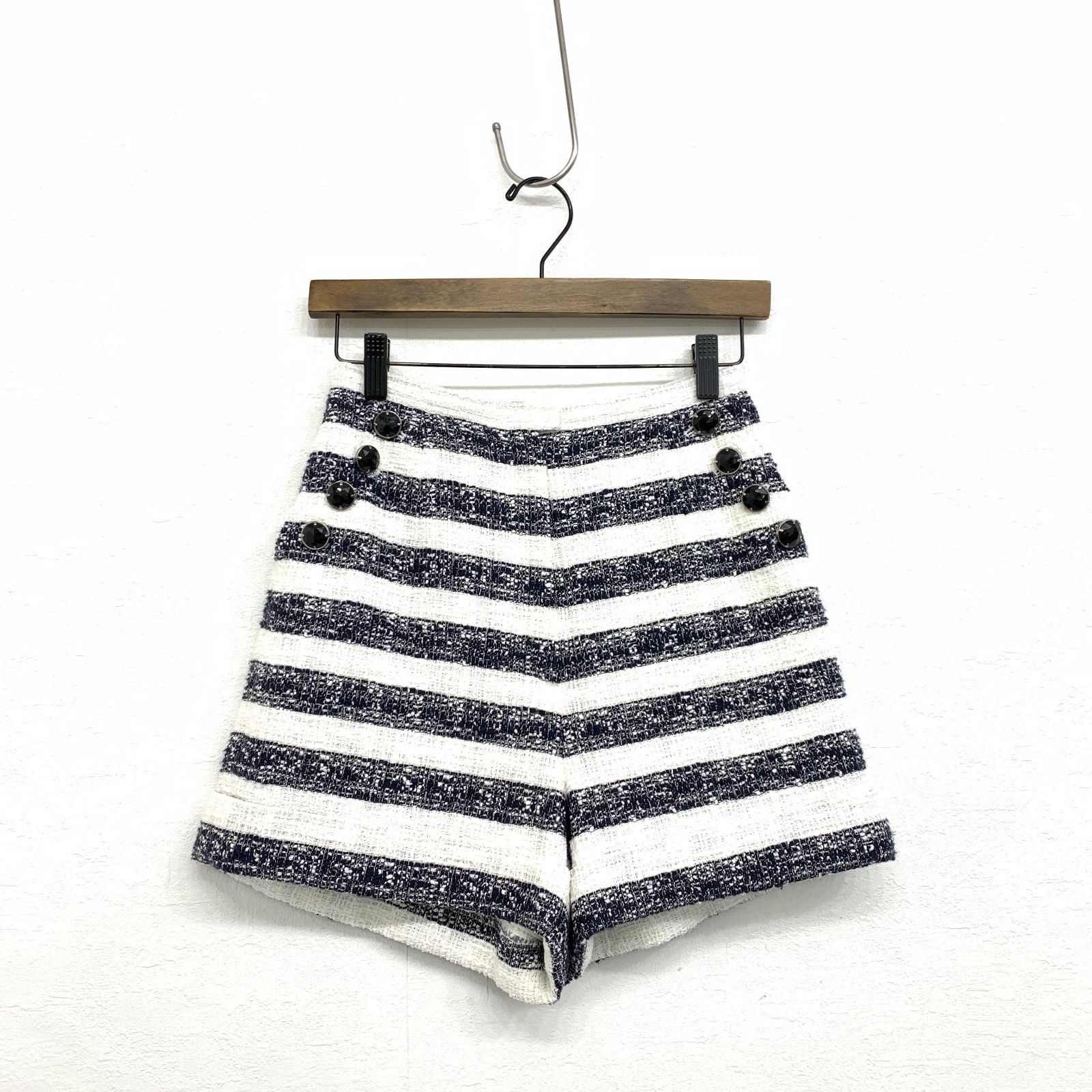 Rene ルネ ボーダーツイードショート パンツ ホワイト ブラック 36