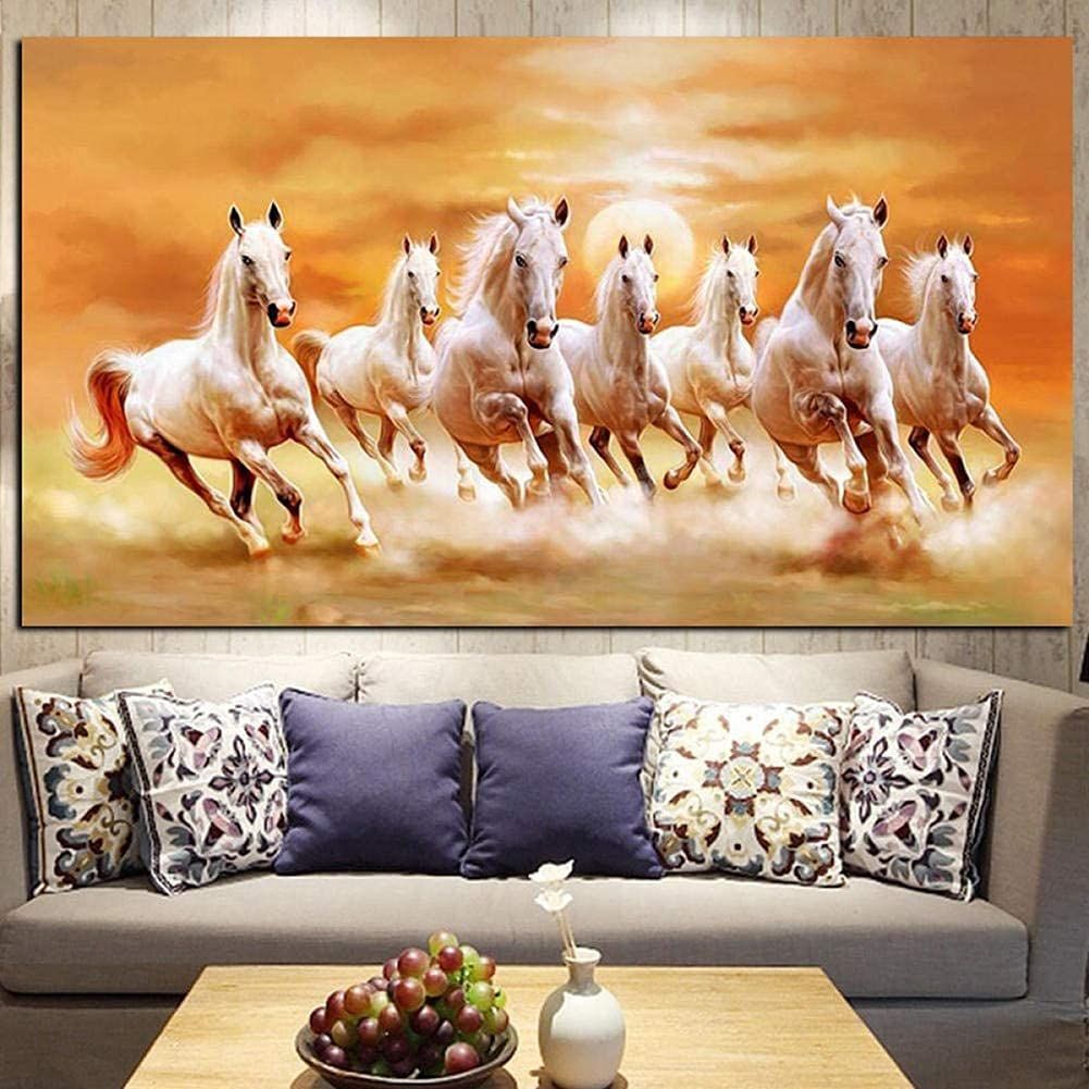 7つの実行中の白い馬のポスター動物のキャンバスの絵画ゴールドの壁アートリビングルームの壁の装飾のための現代写真フレームレス 馬のポスター