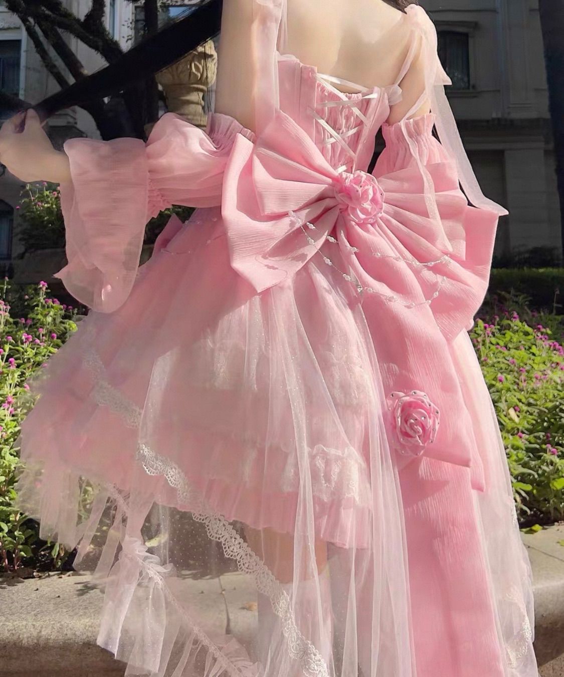 ピンク透け感ワンピース フリル高低差スカート