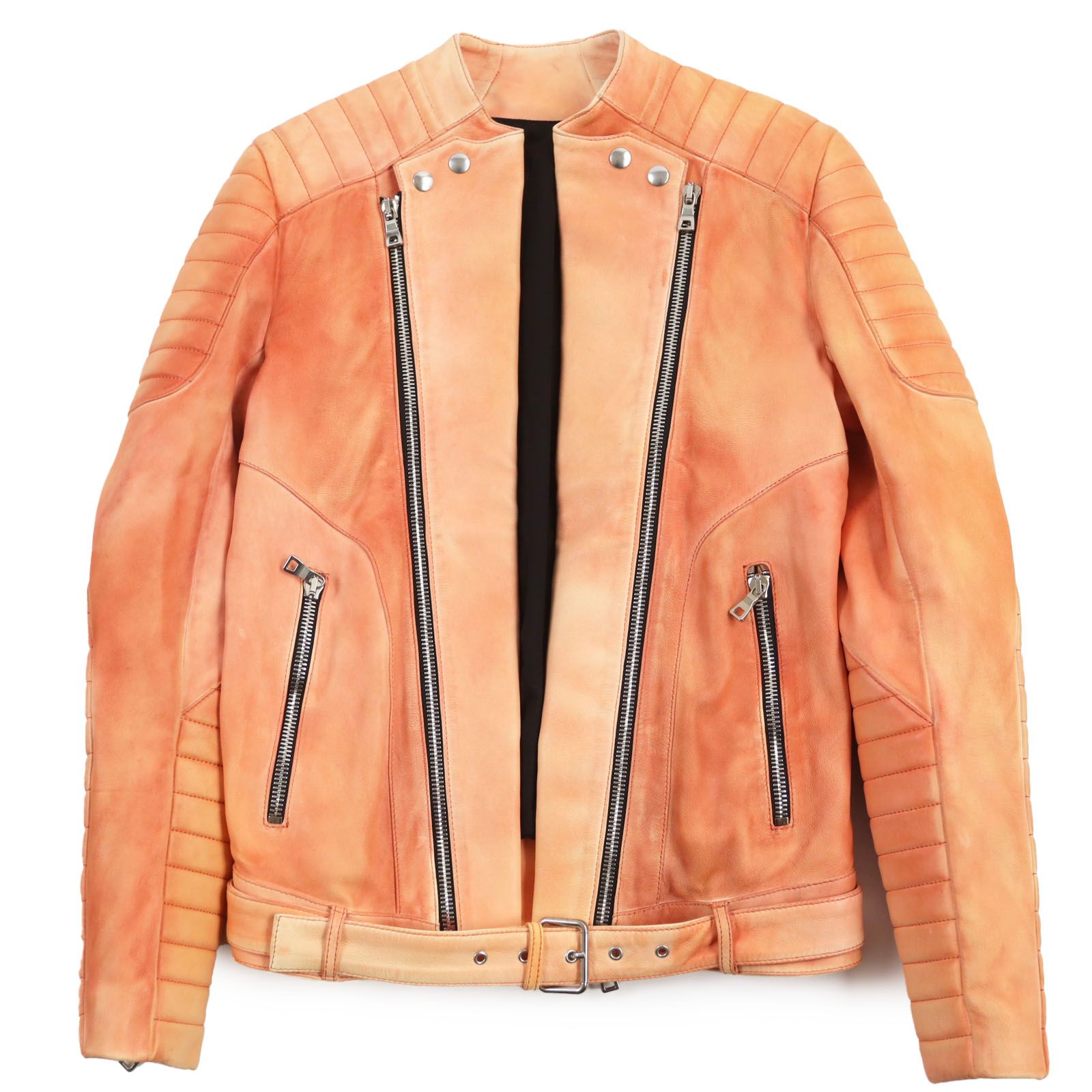 【ドンドン見直し】良品BALMAIN バルマン S5HC264C904 ラムレザー バイカージャケット ライダースジャケット オレンジ系 44 イタリア製 正規品 メンズ
