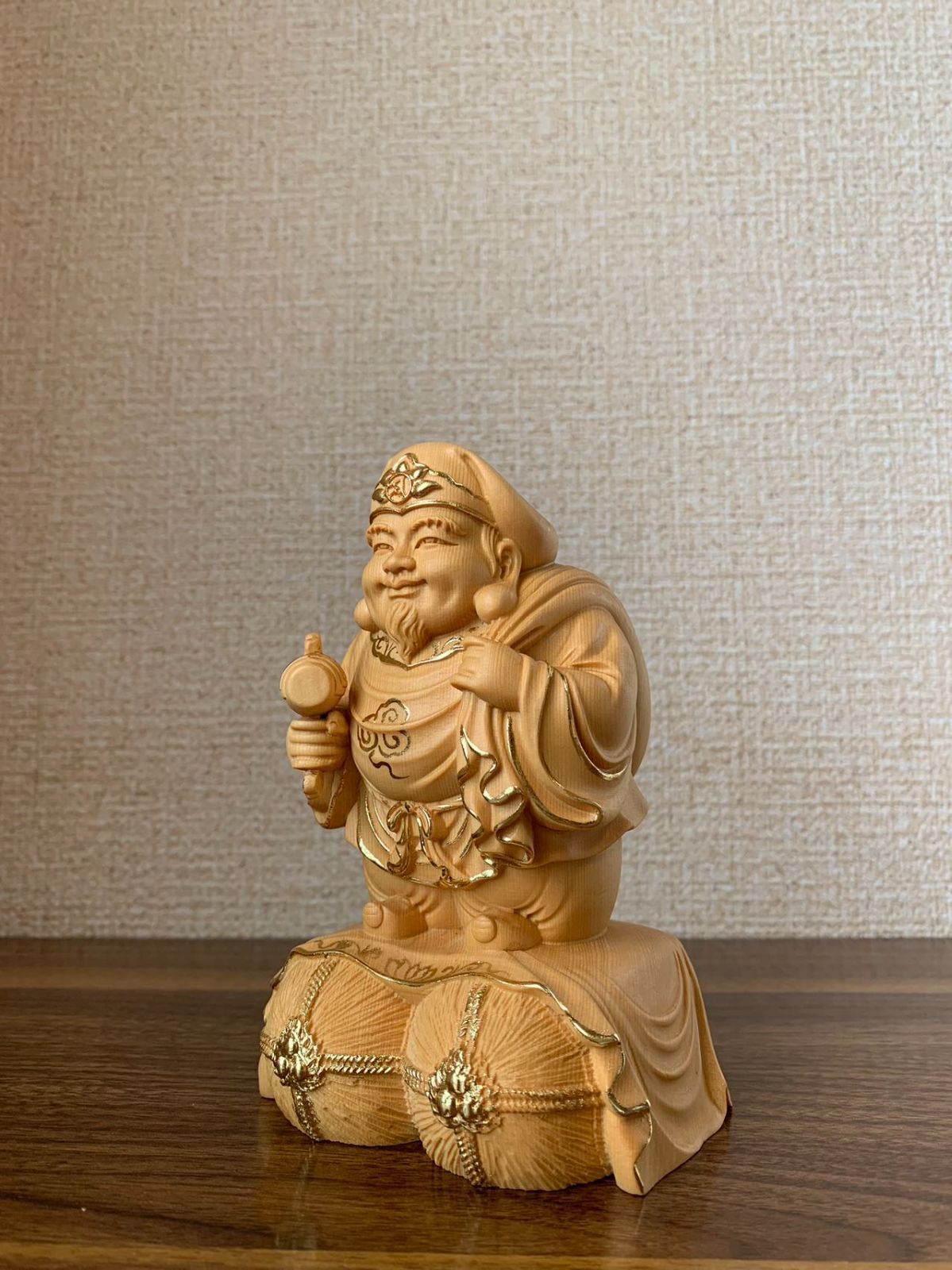 仏像 大黒天 大黒天像 檜木 木彫 仏具 (約)高14cm×幅9cm×奥行8cm