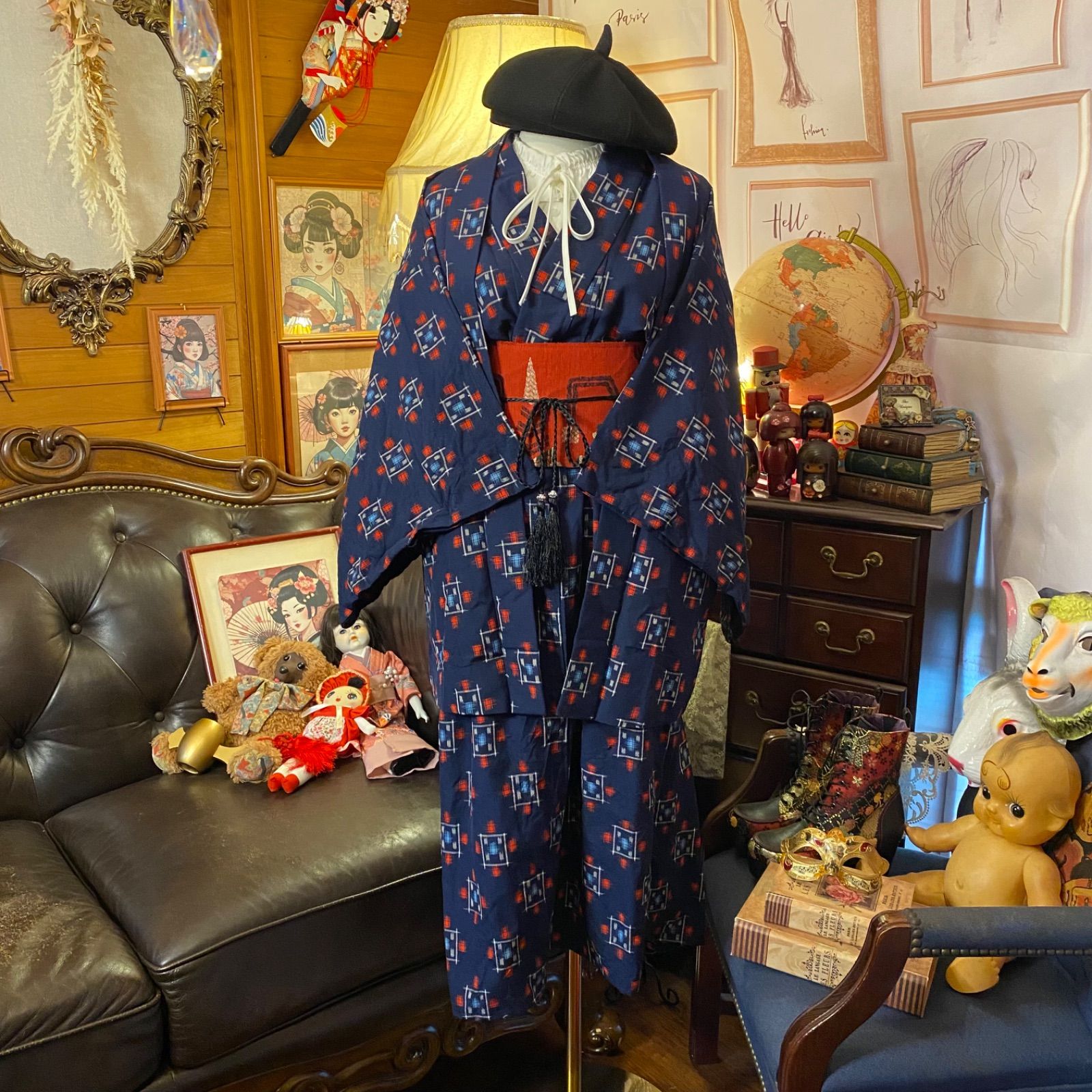 リメイク着物ワンピース セミロング アンサンブル 名古屋帯サッシュ