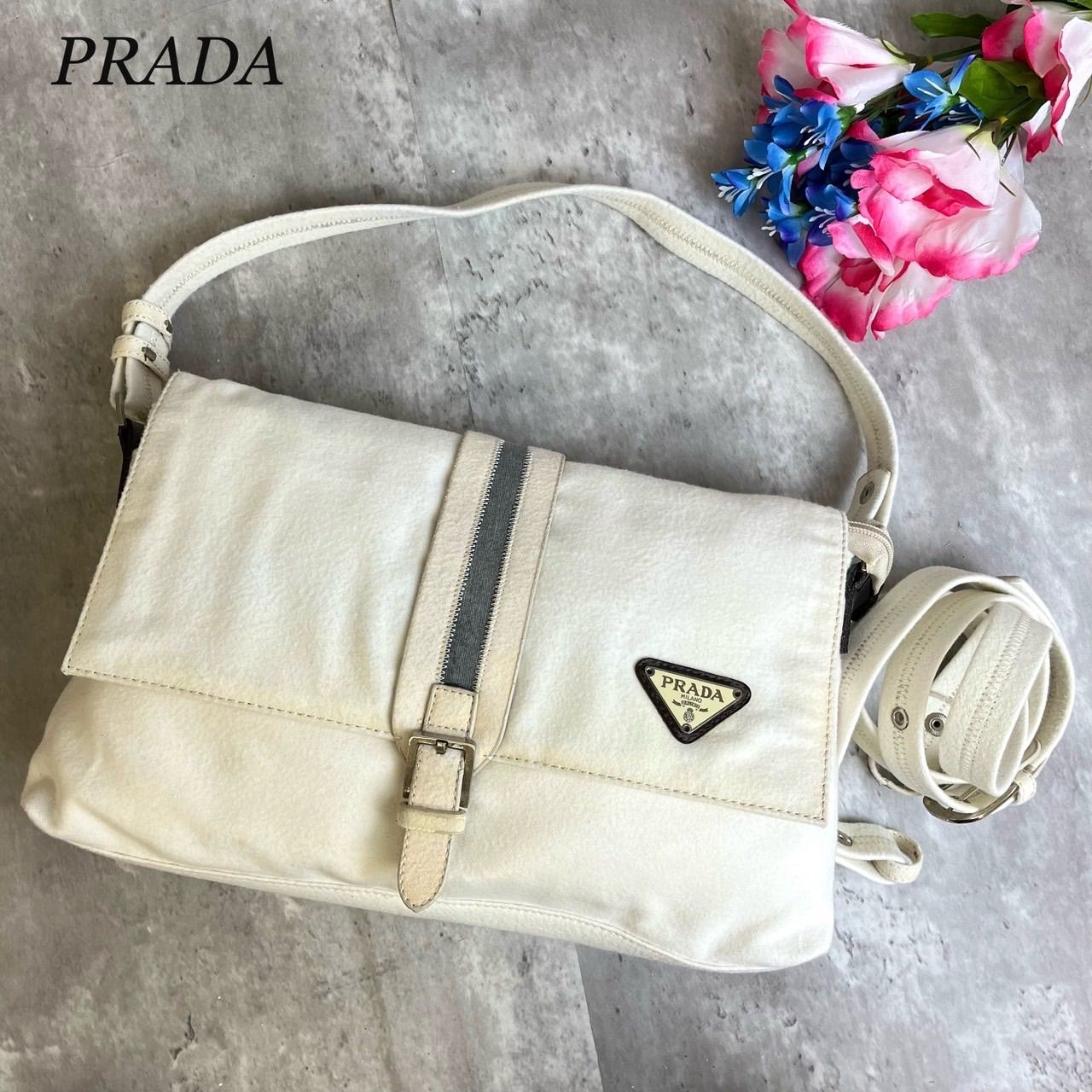 ✨良品✨ PRADA プラダ 2way ショルダーバッグ ハンドバッグ ボーダー 三角ロゴ トライアングル ロゴプレート ウール系 ホワイト 白色  肩掛け 斜め掛け