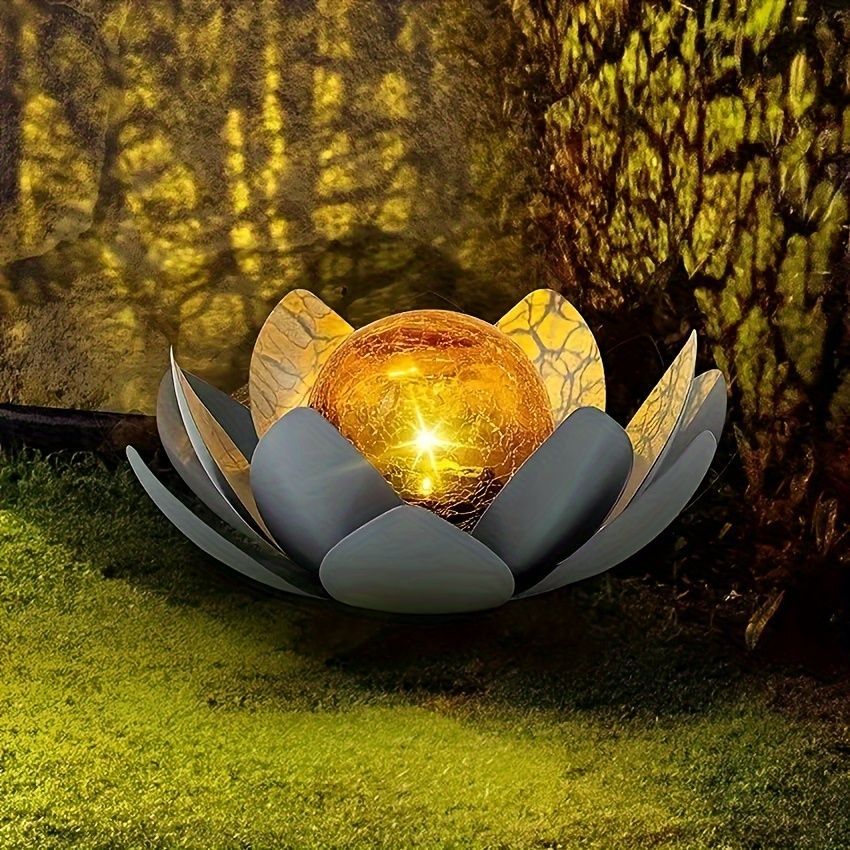 オブジェ 太陽光 充電式メタルロータス フラワーパスライト LED セミフラッシュマウント ガーデン照明器具 ガラスシェード付き 屋外 景観ランプ 庭 芝生 配線不要 花 フラワー 野外ランプ おしゃれ キャンプ アウトドア