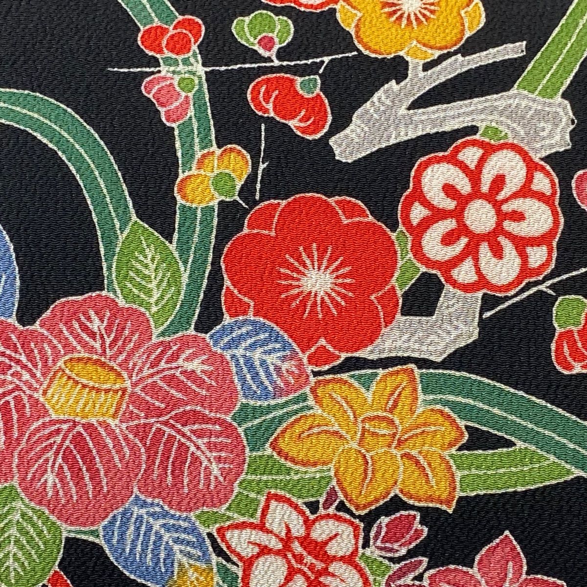 開き名古屋帯 美品 逸品 栗山吉三郎 落款 枝梅 椿 縮緬 黒 正絹