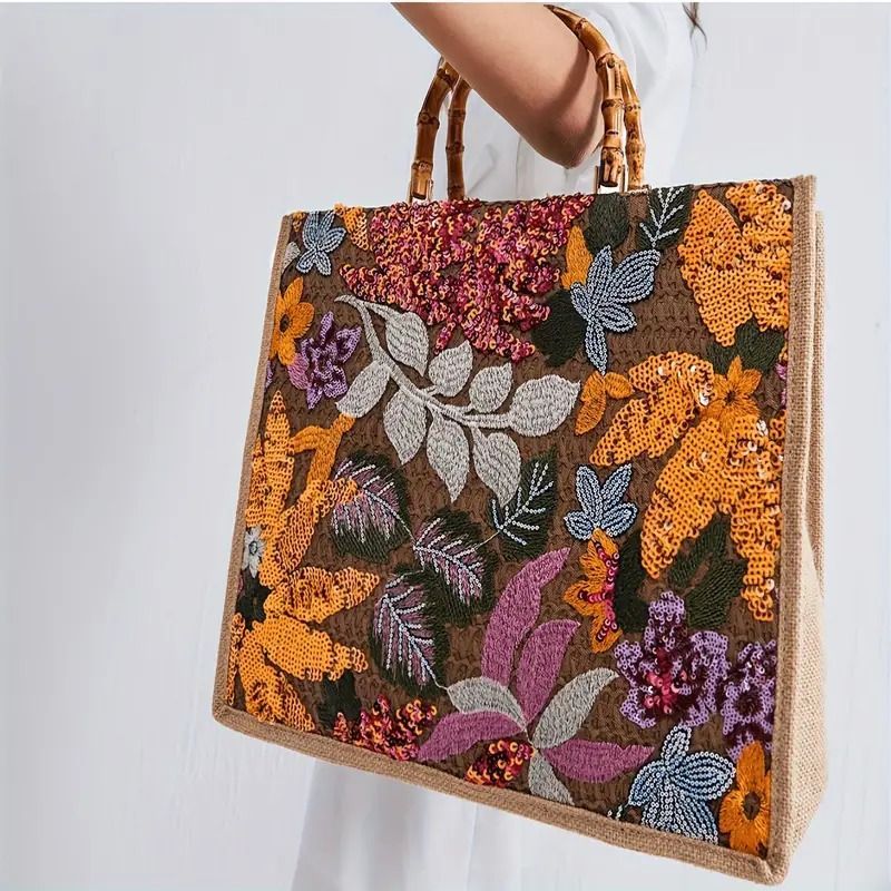 スクエアトートバッグ スパンコールの花刺繍入りバッグ 夏用 スクエアトートバッグ スパンコールの花刺繍入りバッグ 夏用