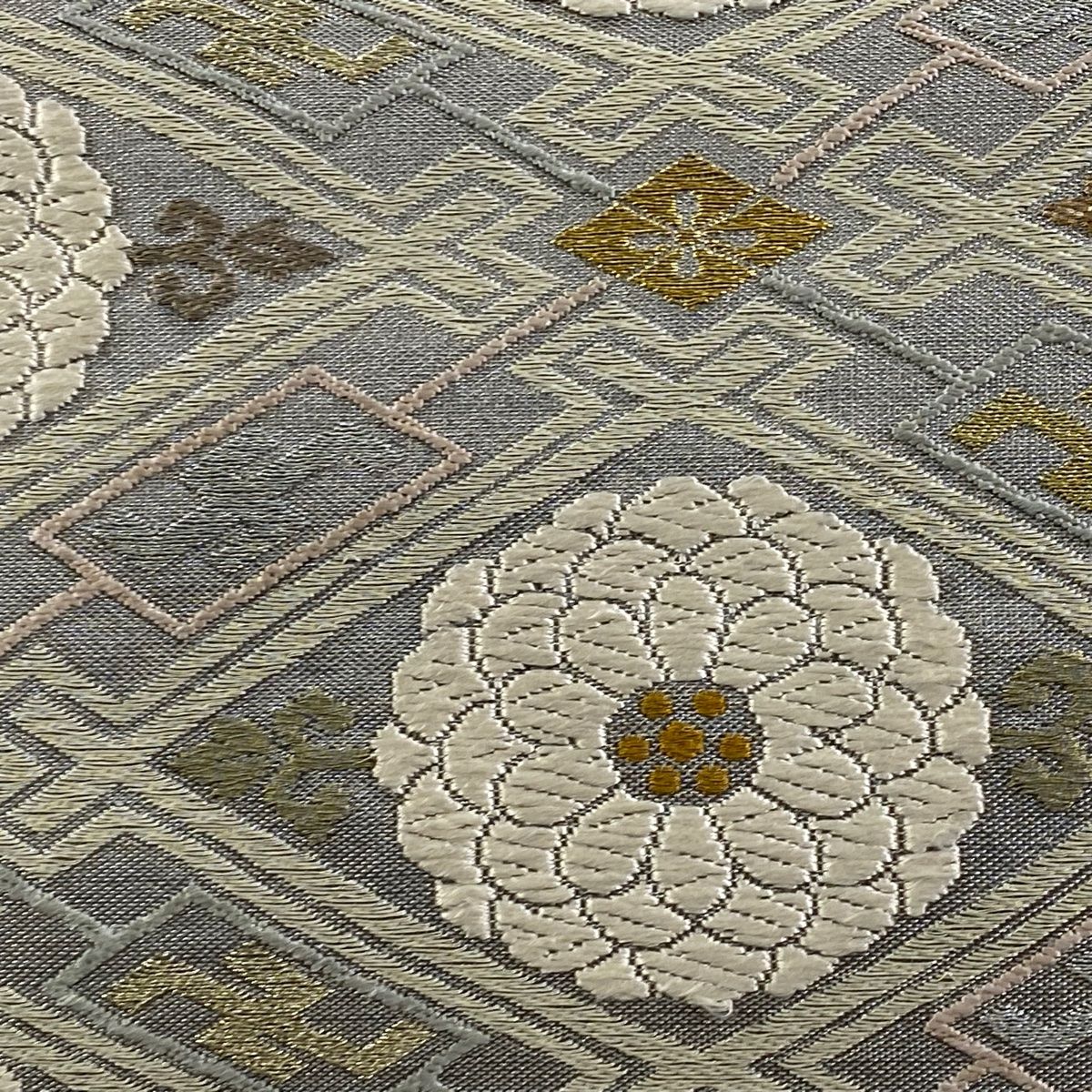 袋帯 誉田屋源兵衛 落款 純白金江州達磨 草花 菱 刺繍 金銀糸 銀色 六通 正絹