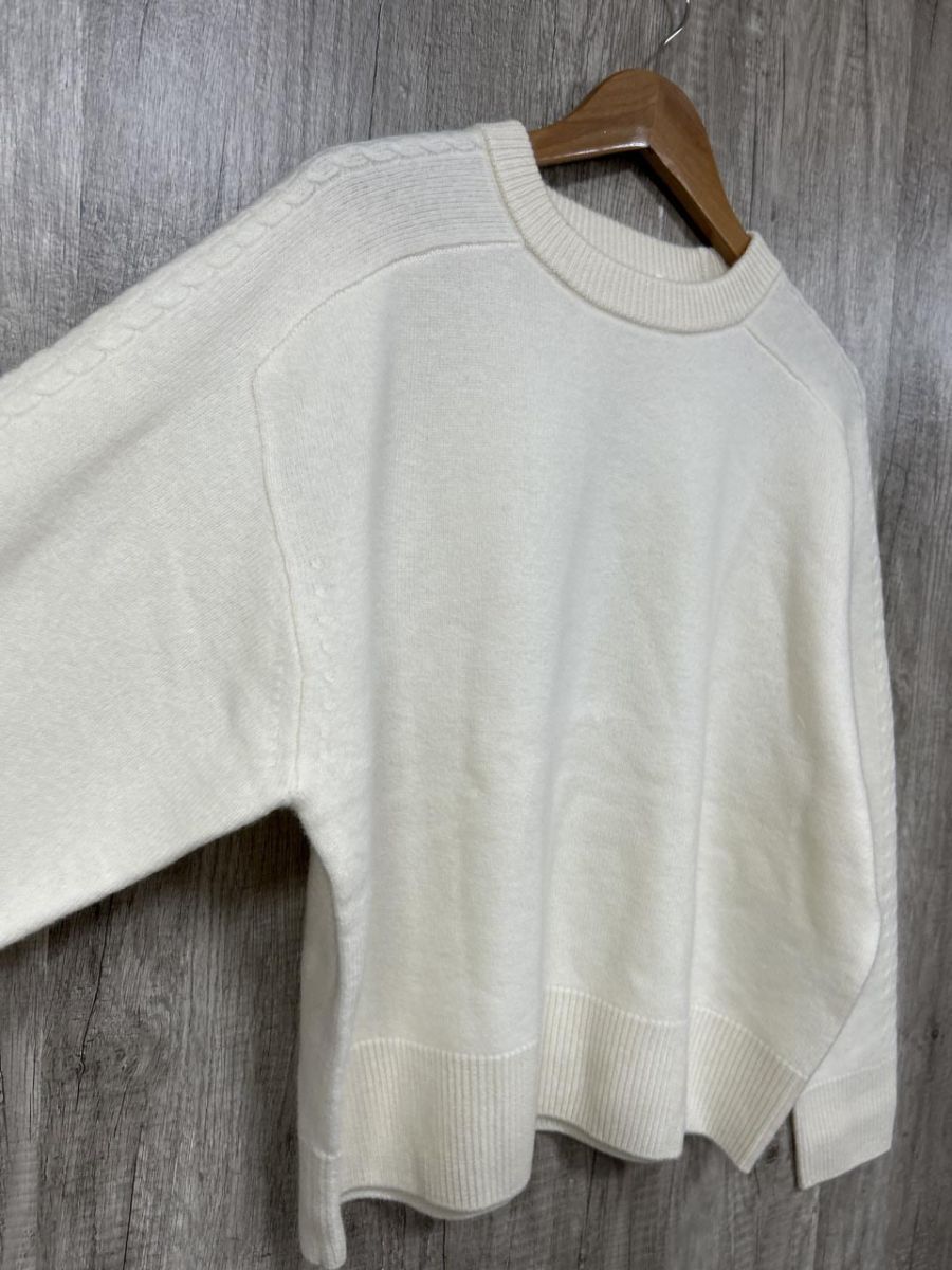 fredy emue フレディ エミュ タグ付 カシミア混 ケーブル柄ラインプルオーバー ニット セーター size38|白 ◆ ◎レディース