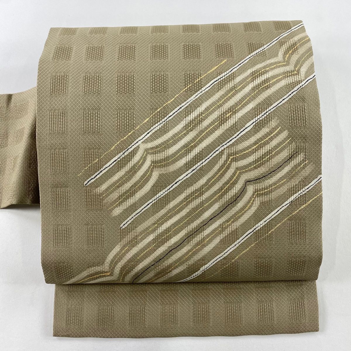 名古屋帯 秀品 斜縞 金彩 茶緑色 正絹