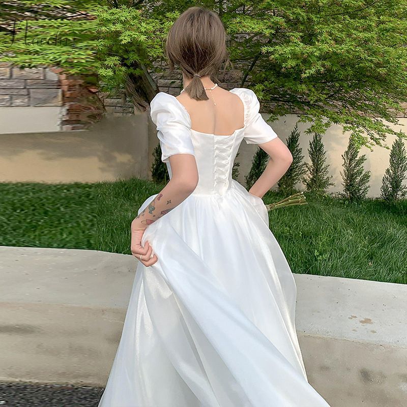 ウエディングドレス 結婚式 スクエアネック サテン 前撮り e109