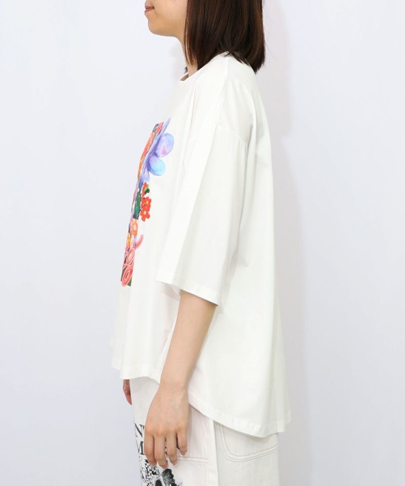 ScoLar（スカラー）ネコ花キノコ柄 接触冷感Tシャツ オフ