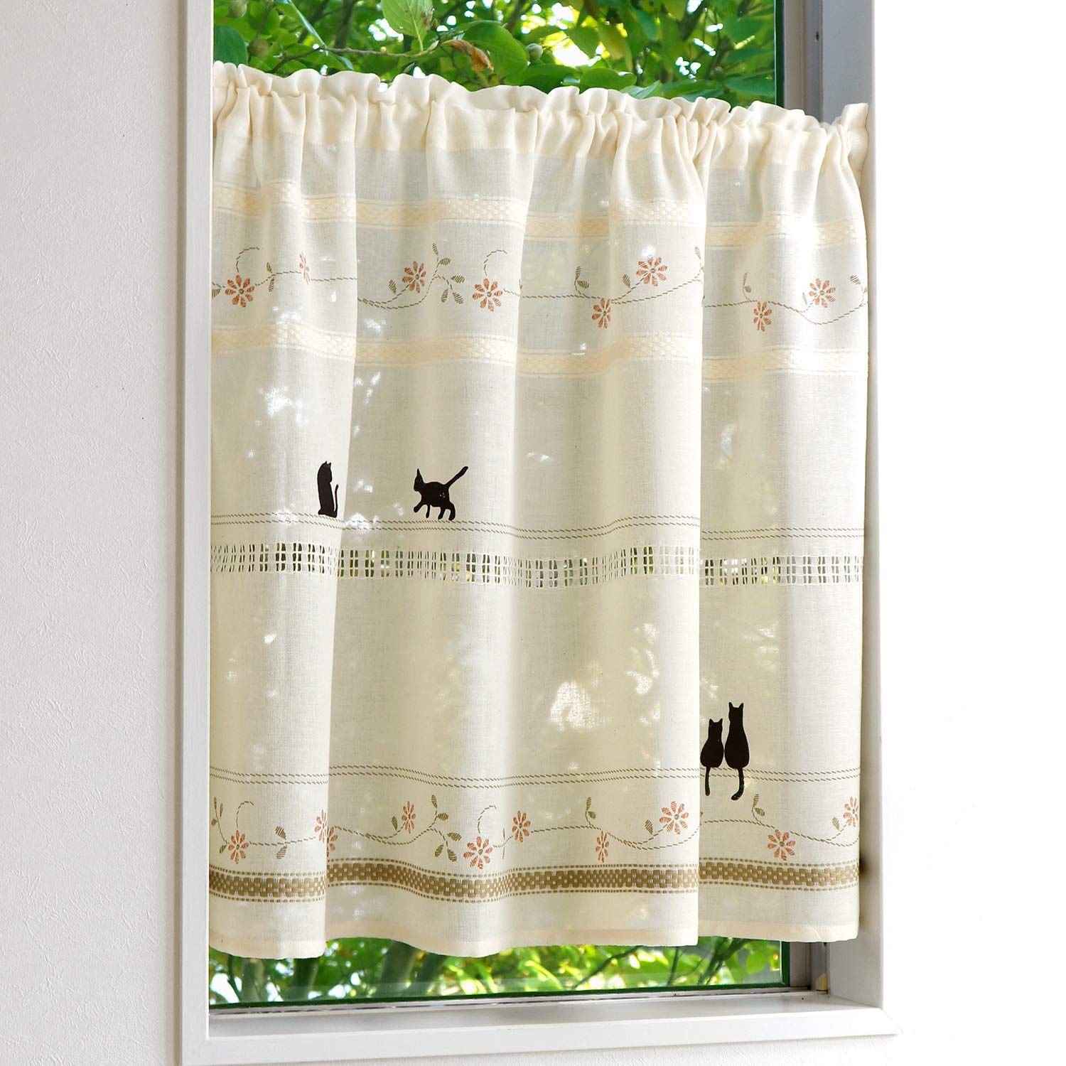 SunnyDayFabric カフェカーテン ステッチ 約110cm幅×70cm丈 ネコ [CAT