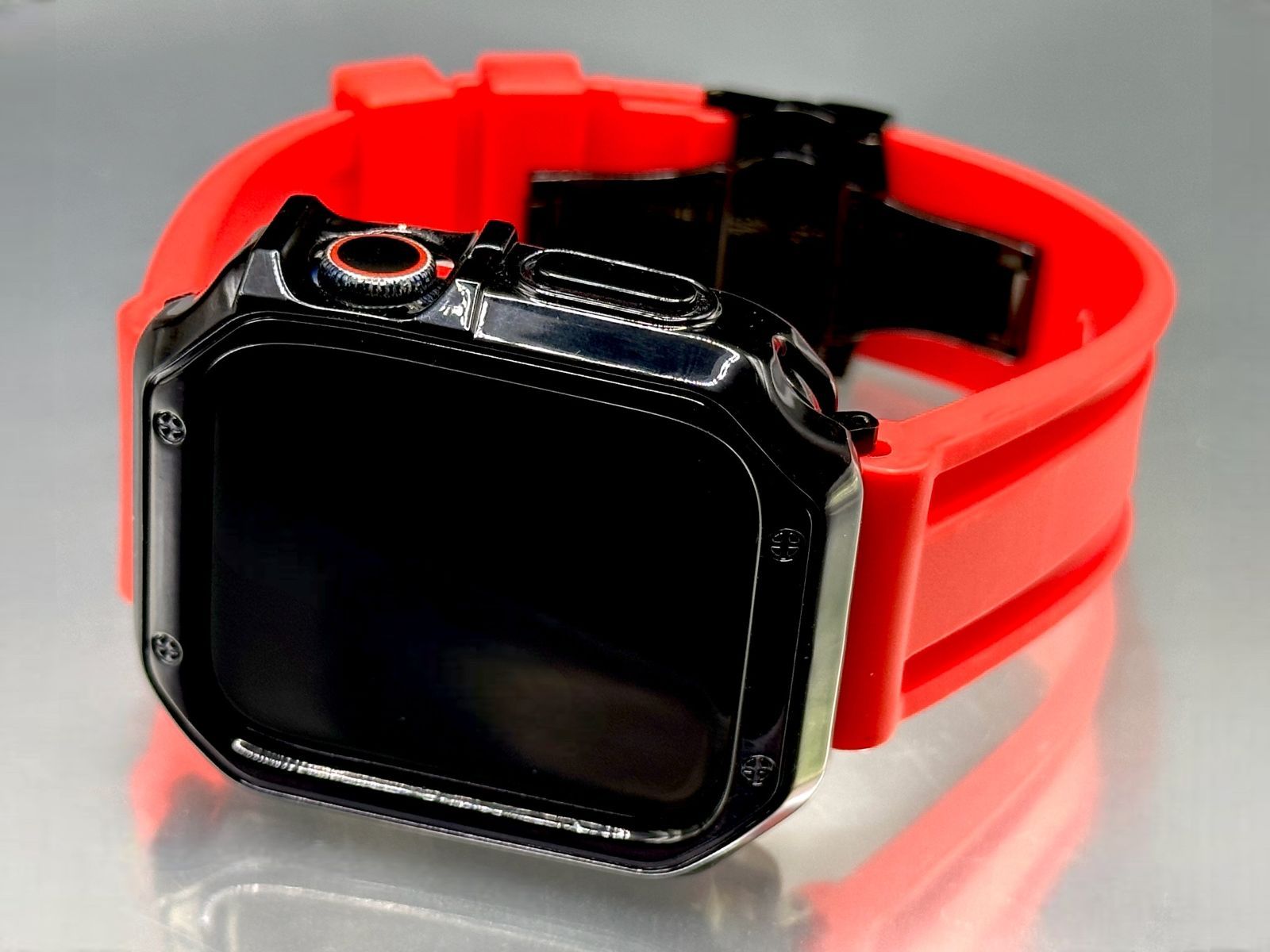 Apple Watch カスタム ラバーバンド アップルウォッチカバー ケース ベルト TPUセット ブラック-レッド