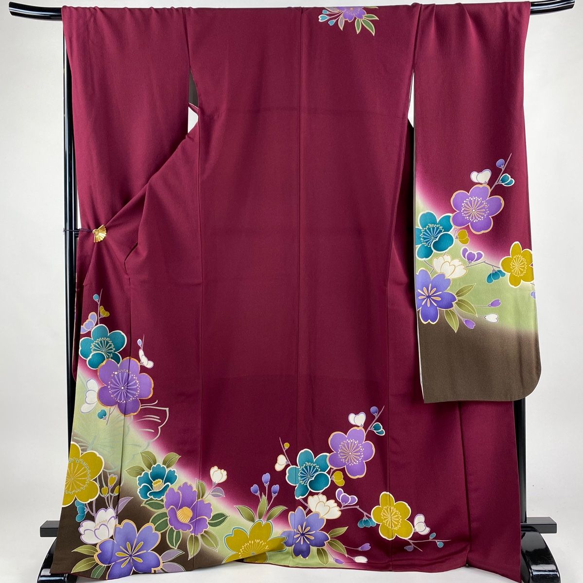 振袖 身丈172cm 裄丈70.5cm L 袷 梅 椿 金彩 ぼかし 赤紫 正絹 名品  