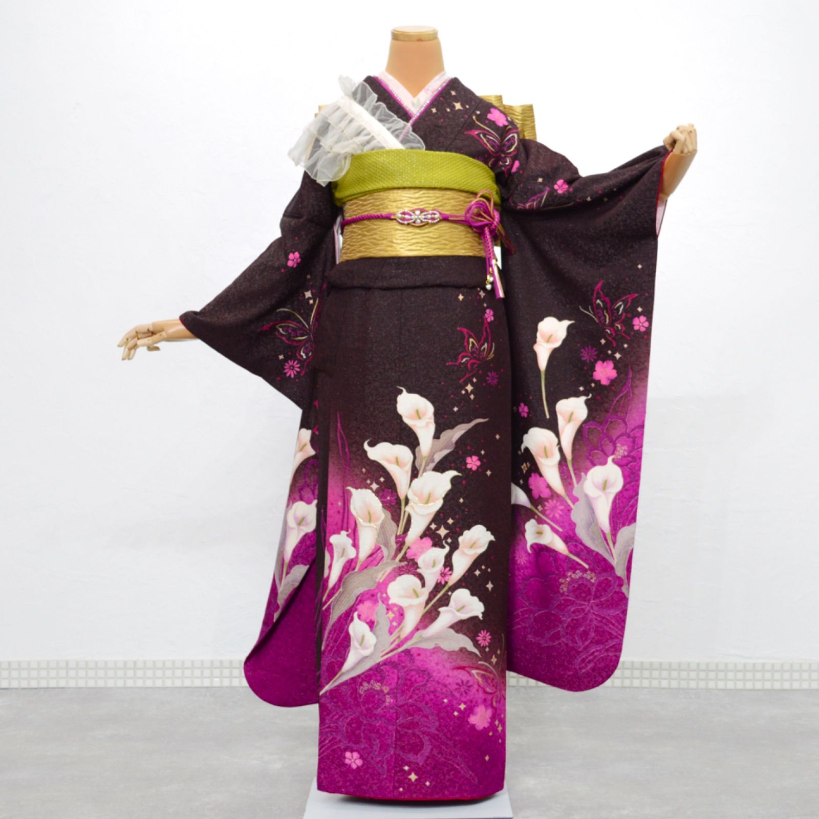 美品》正絹 振袖フルセット S〜Lサイズ 成人式 カラー 蝶々 振袖セット