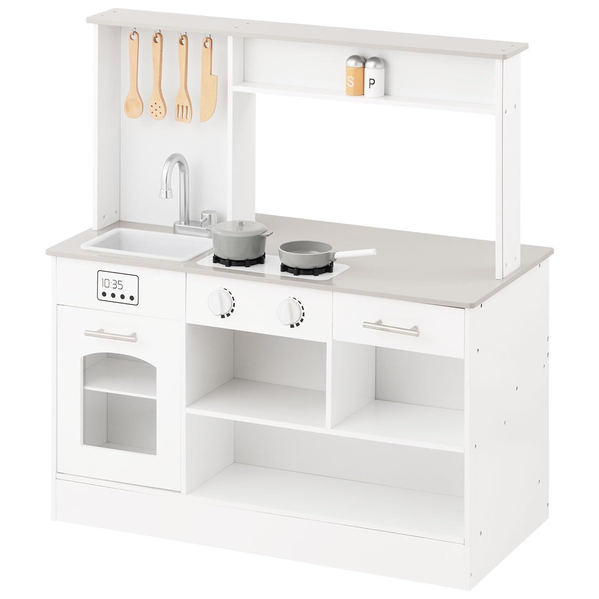 ぼん家具 おままごとキッチン 木製 お店屋さんごっこ リバーシブル キャスター付き 調理器具付き 知育玩具 おもちゃ 子供用 プレゼント ホワイト グレー