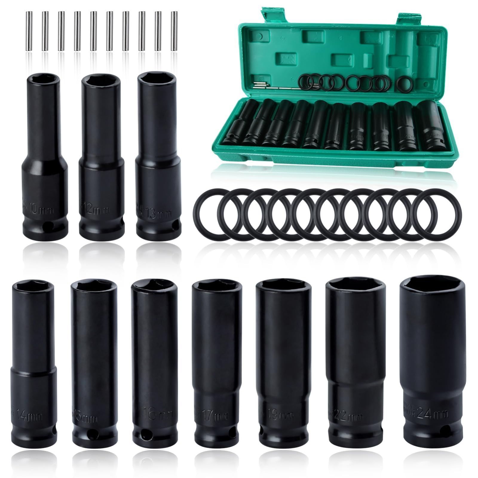 自転車の修理 バイク 車 24mm 22mm 19mm 17mm 16mm 15mm 14mm 13mm 12mm 10mm 収納ケース付き ロングソケット ソケットレンチセット インパクトディープソケットセット インパクトレンチ用ソケットセット 