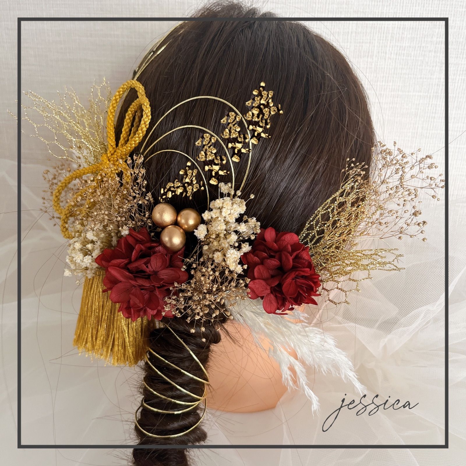 金箔付】ヘッドドレス❤︎水引×チュール×レッドゴールド⑤ 成人式/髪