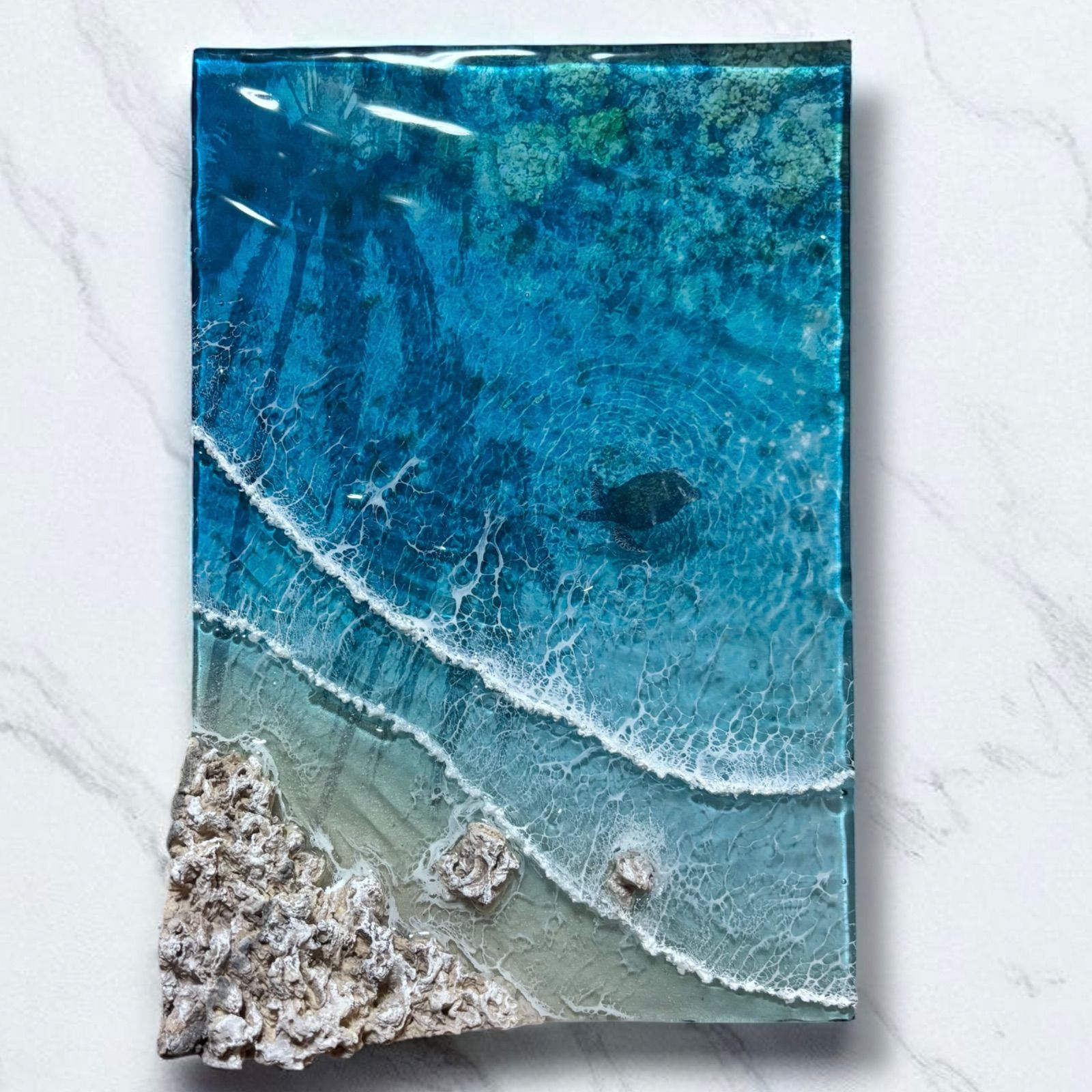 傾斜厚盛り中ボード ヤシの影 超立体 沖縄の海 レジンアートボード 美ら海 オーシャンアート N682