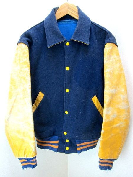 60s  ビンテージ SPORTING GOODS ネイビー × イエローベージュ 袖革 スタジャン スタジアムジャンパー ブルゾン M 無骨 アメカジ●H82 60s ビンテージ SPORTING GOODS ネイビー × イエローベージュ 袖革