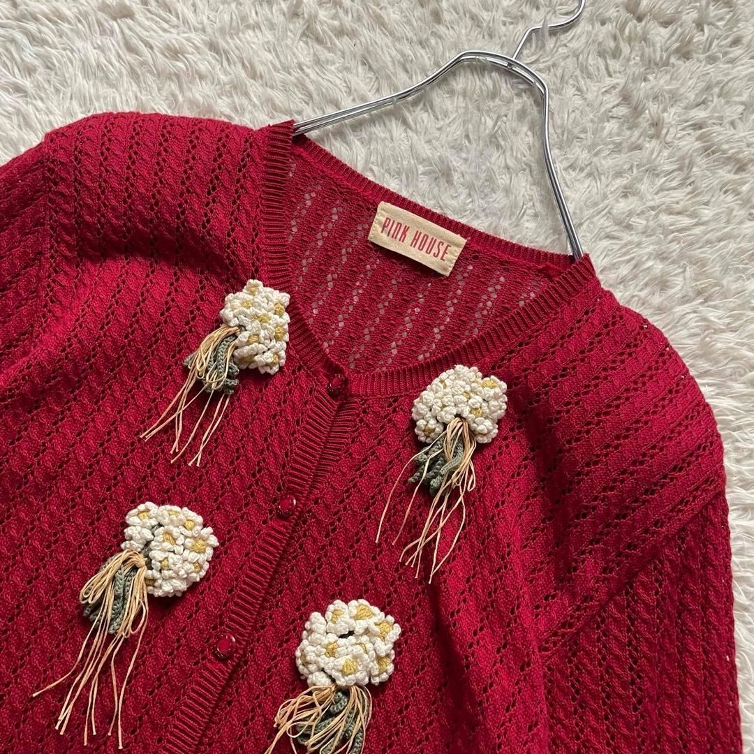 ピンクハウス PINK HOUSE 半袖 透かし編み カーディガン ヴィンテージ 90s 80s 花束 花柄 立体 クルーネック 金子功 カネコイサオ レッド 赤 サイズ表記なし フリーサイズ