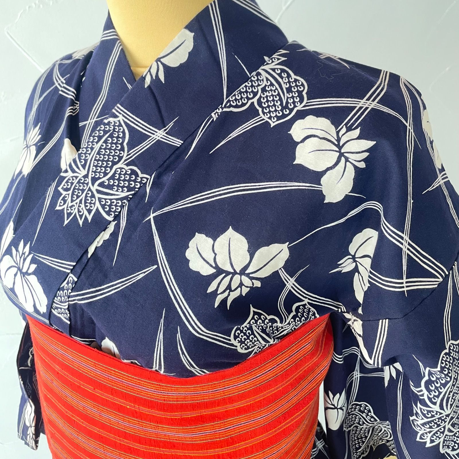 浴衣 帯セット夏 花柄 ブルー系紺レディース 婦人 kimono