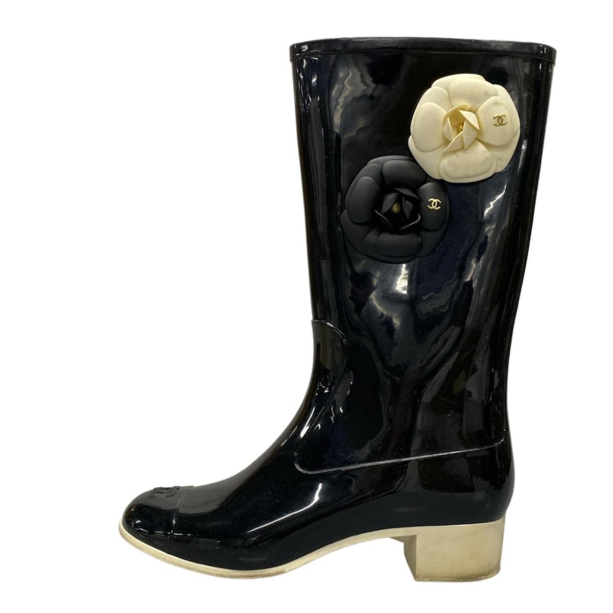 CHANEL(シャネル) レインブーツ 38 レディース - 黒×白 カメリア
