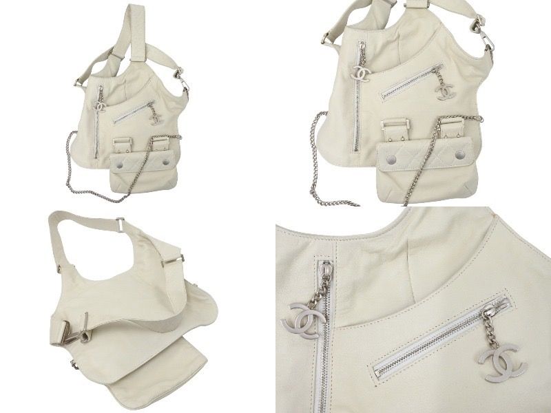 CHANEL シャネル レザーベスト ヴィンテージ ココマーク 8番台 2003年 マトラッセ ラムスキン ホワイト シルバー 美品 中古 50692 CHANEL - CHANEL シャネル レザーベスト ヴィンテージ ココマーク 8