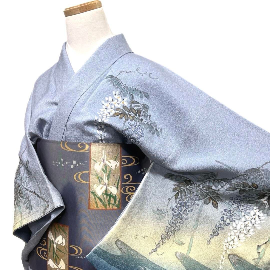 作家もの　訪問着　袋帯セット　短冊　金彩　藤　踊り　花　流水　着物　064a d 作家もの 訪問着 袋帯セット 短冊 金彩 藤 踊り 花 流水 着物 064a d