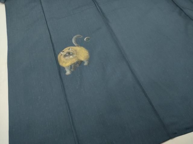 平和屋着物○色留訪問着 紬地 手描き 猫 ネコ 金彩 正絹 逸品