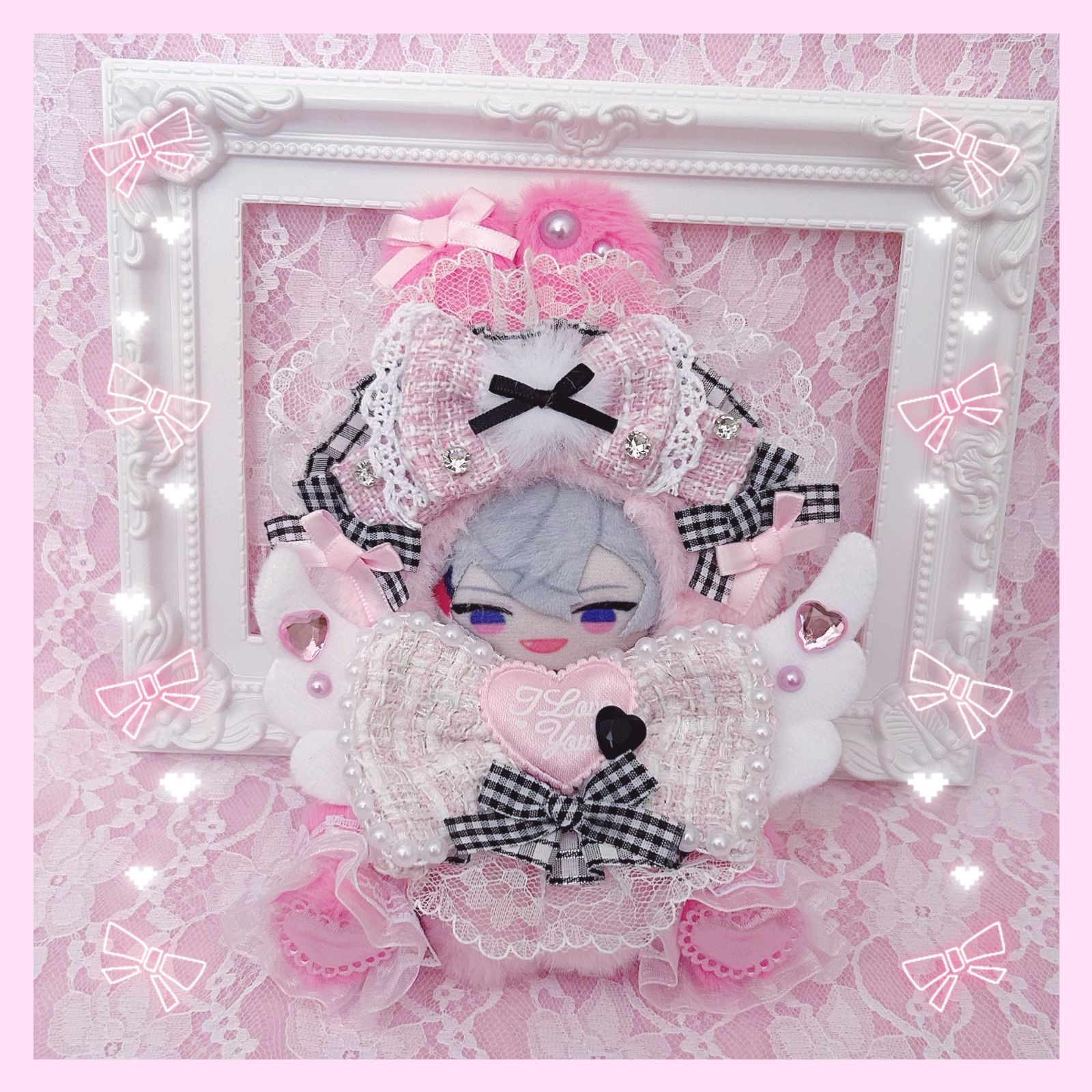 ぬい服 着ぐるみ おすわり 服 10cm ツイード天使うさぎ ピンク×黒