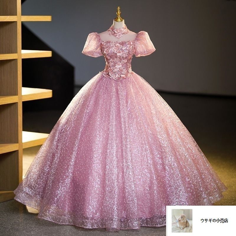 カラードレス 編み上げ ピンク パフスリーブ ロングドレス 結婚式 二次会 発表会 演奏会 ウェディングドレス ウエディングドレス 前撮り プリンセスドレス