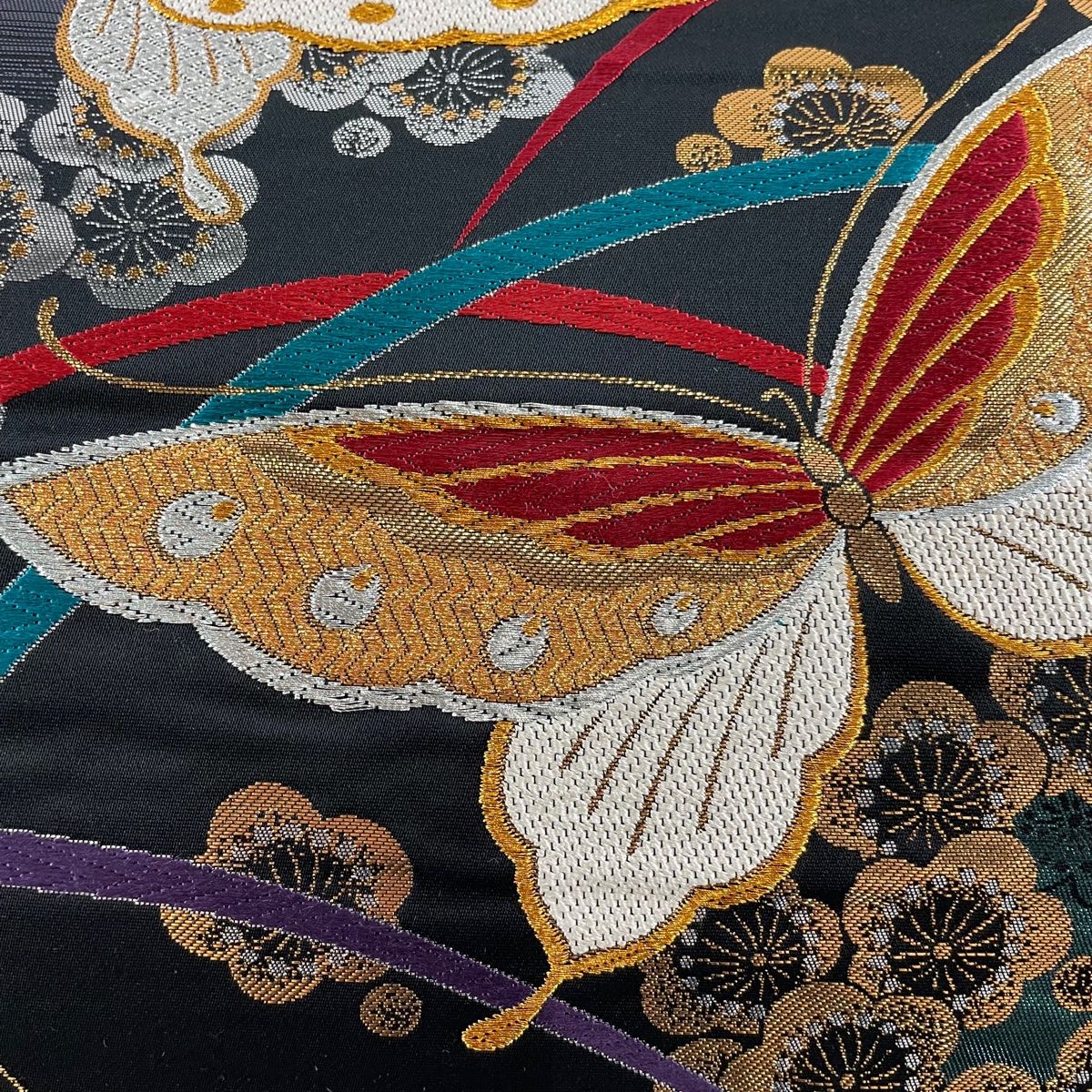 袋帯 美品 秀品 振袖向き 蝶 梅 箔 金銀糸 黒 全通 正絹 【中古