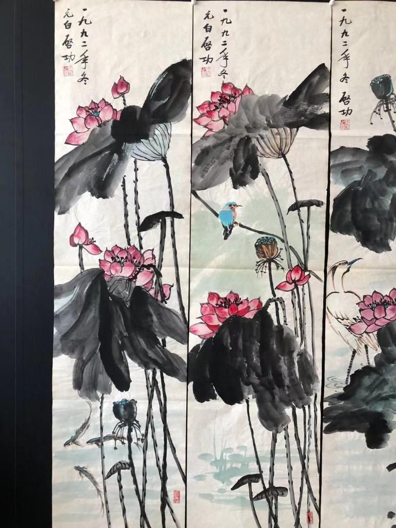中国美術・純手描き四連花鳥蓮画芯・水墨画・啓功印款・肉筆