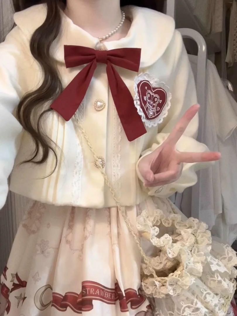 25 上着付きクマちゃん×イチゴ柄ひざ丈ロリータワンピ秋冬コーデに女子会にぴったり 社交ダンスドレス ラテンダンス衣装 レッスンウェア ステージ衣装
