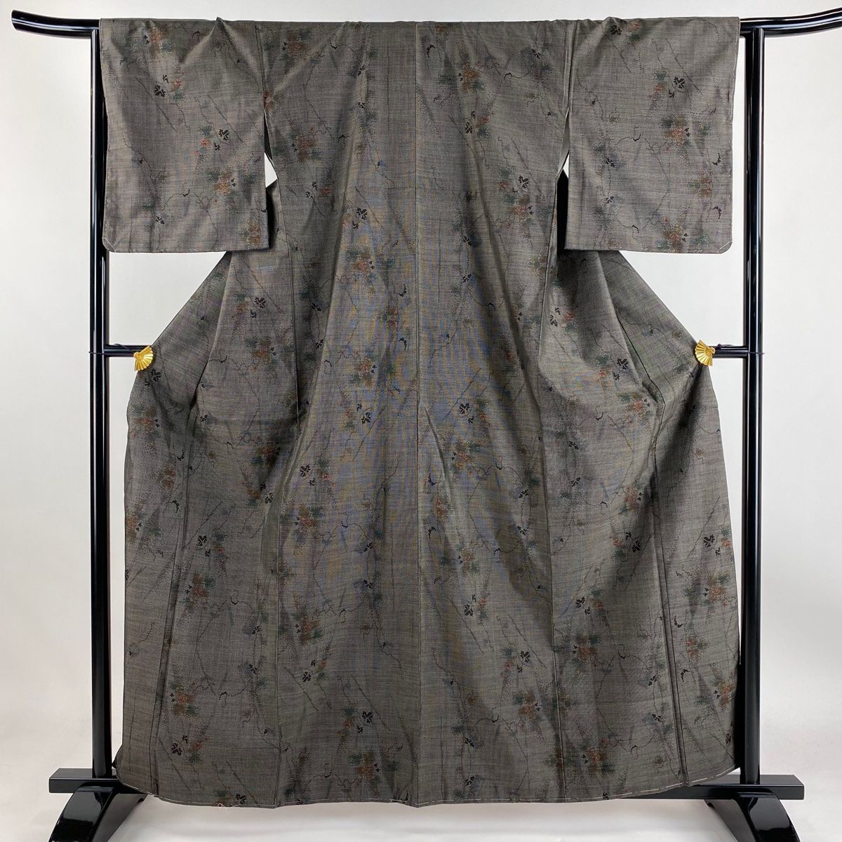 紬 身丈161cm 裄丈64cm M 袷 蔦 草花 焦茶色 正絹 名品 【】