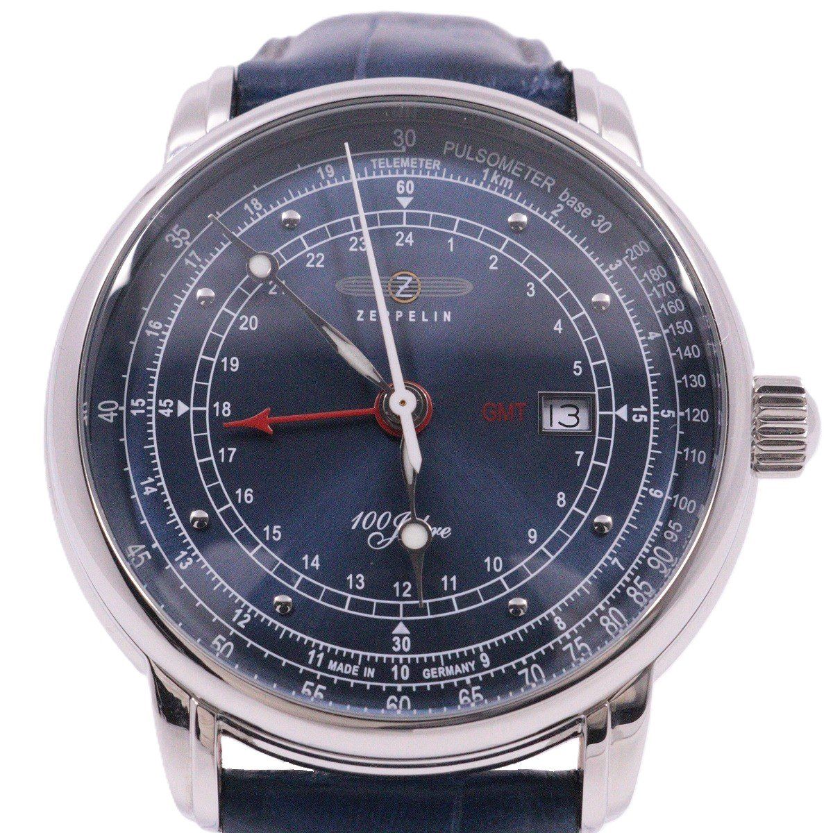 ツェッペリン 100周年記念モデル GMT メンズ 腕時計 青文字盤 純正革ベルト 7646-3【いおき質店】