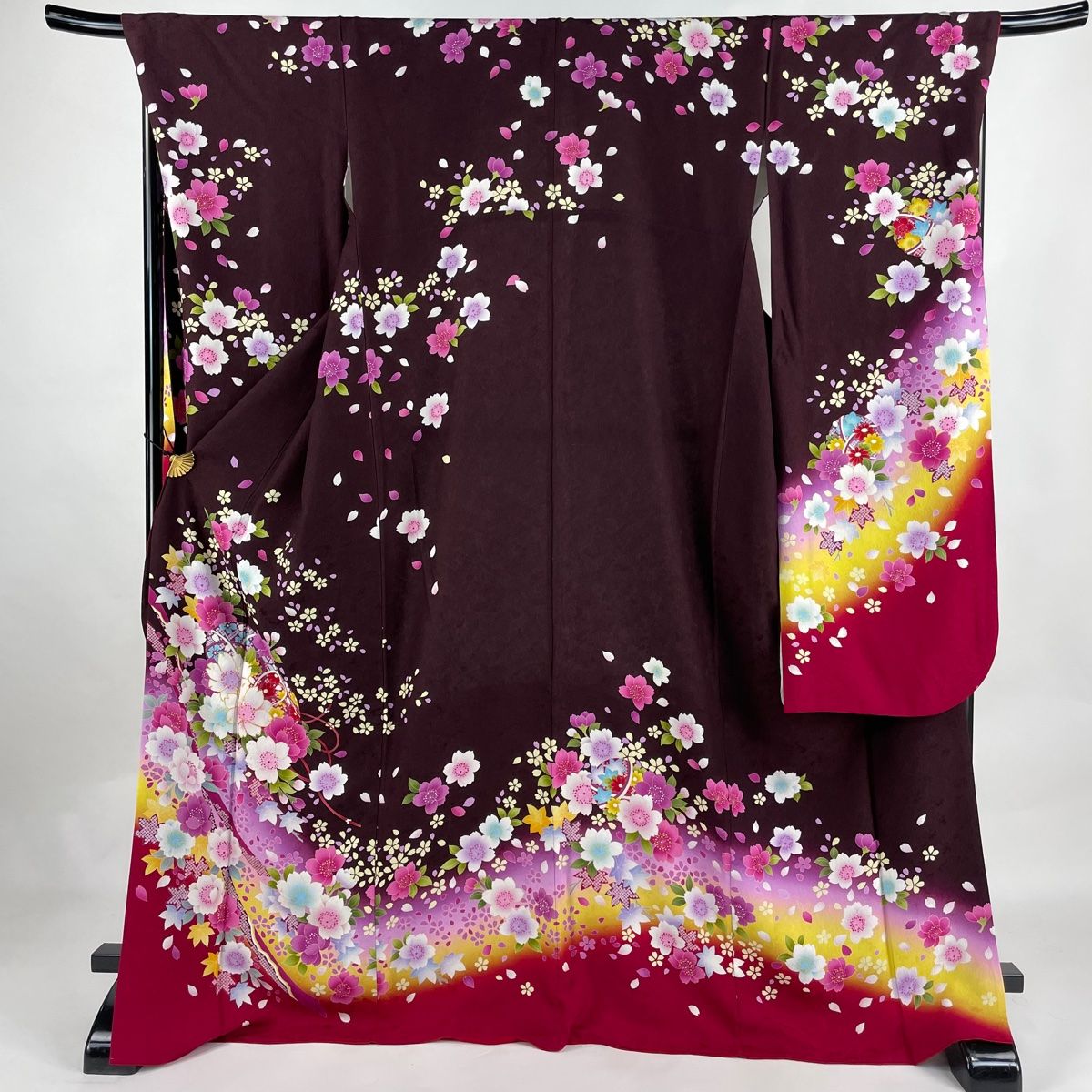 振袖 身丈171cm 裄丈71cm L 袷 手鞠 桜 金糸 金彩 赤紫 正絹 美品 名品  