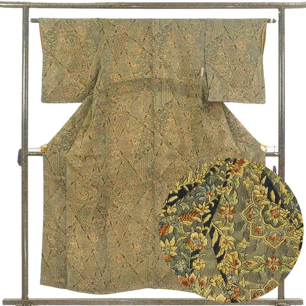 小紋 身丈155cm 裄63cm 前幅24cm 後幅29cm 袖丈49cm 袖幅32cm レディース 袷 更紗 裄Mサイズ 秋冬春用 正絹 シルク グリーン リメイク リユース リサイクル 呉服のきくや