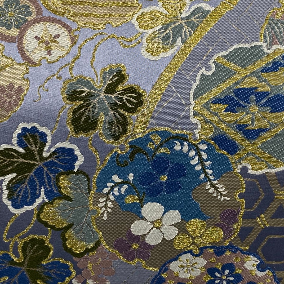 袋帯 秀品 雪輪 葡萄 金糸 箔 灰紫 六通 正絹