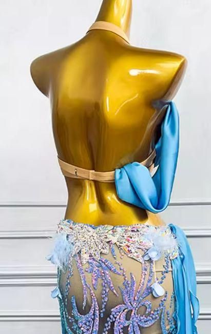 ベリーダンス オリエンタル衣装 透けます 水色ブラ スカート オーダー