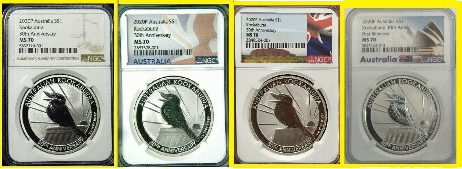 2020 Atralia Kookaburra NGC MS70 4 COINS SET 4 oz Silver 4 LABELS 30th Ann