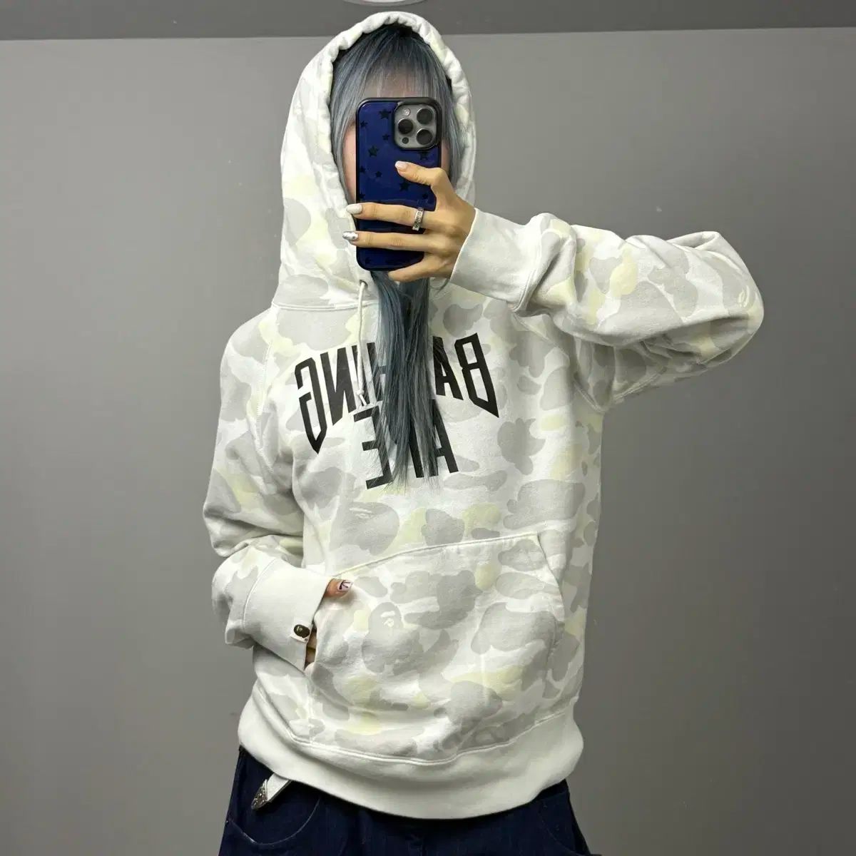 SHARK BAPE EMBLEM DENIM JACKET PRINT ZIP HOODIE（パーカー